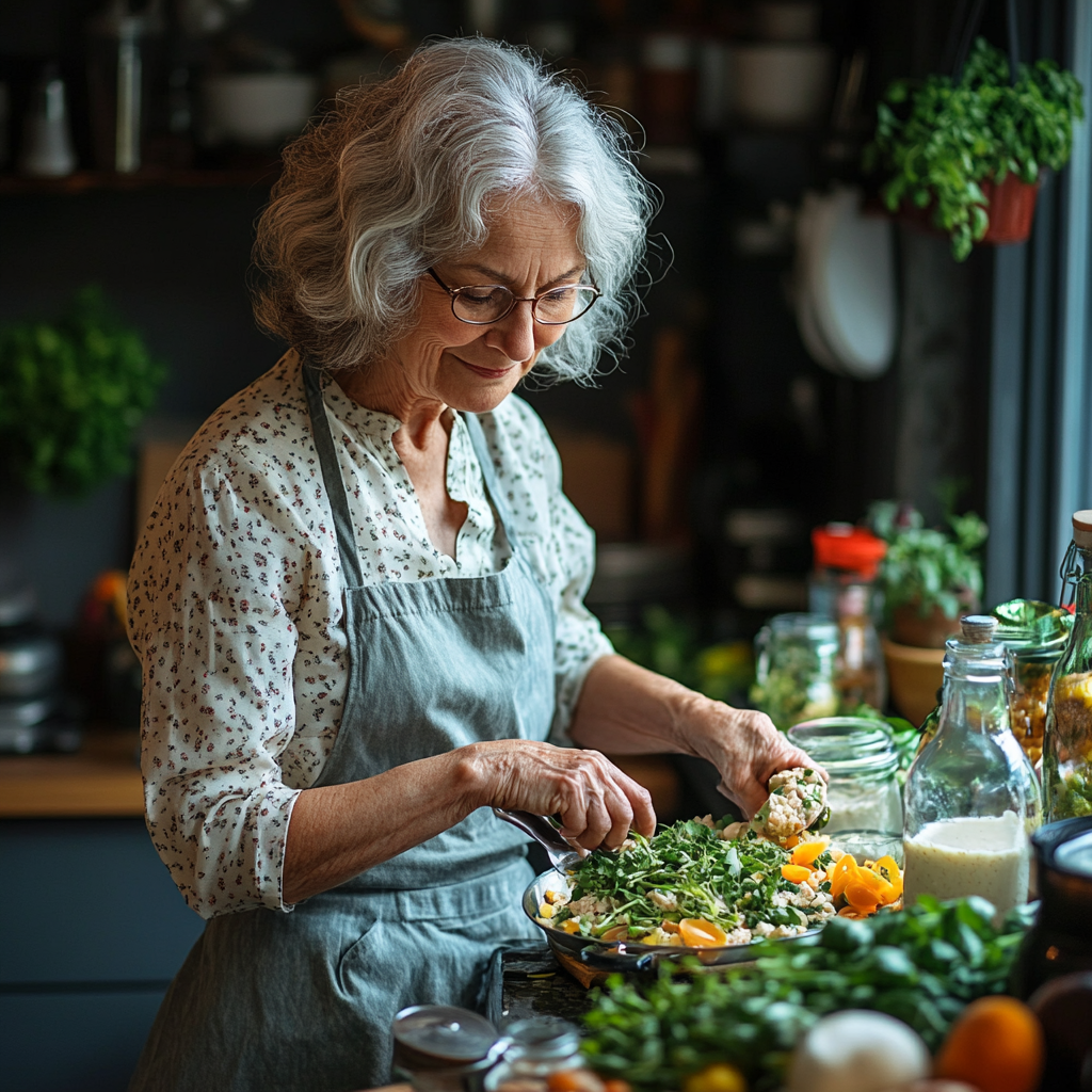 Старша жінка готує здорову їжу на кухні